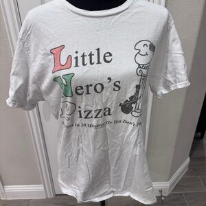 White Short Sleeve Tee with Graphic Little Nero’s Pizza Design